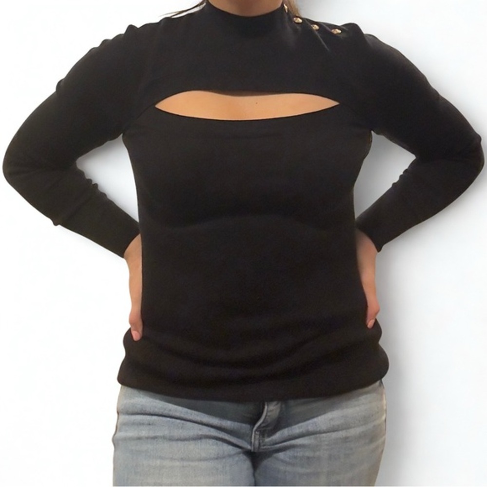 Bold Elements Black Cut-Out Long Sleeve Top with Gold Button Detail
